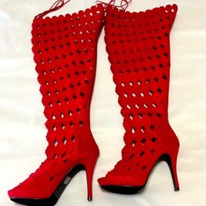 RED THIGH HIGH BOOTS . SIZE- 9 W